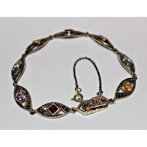 Vintage 925 Sterling Silver Marcasite Multi Gemstone Link Bracelet 7” Deco